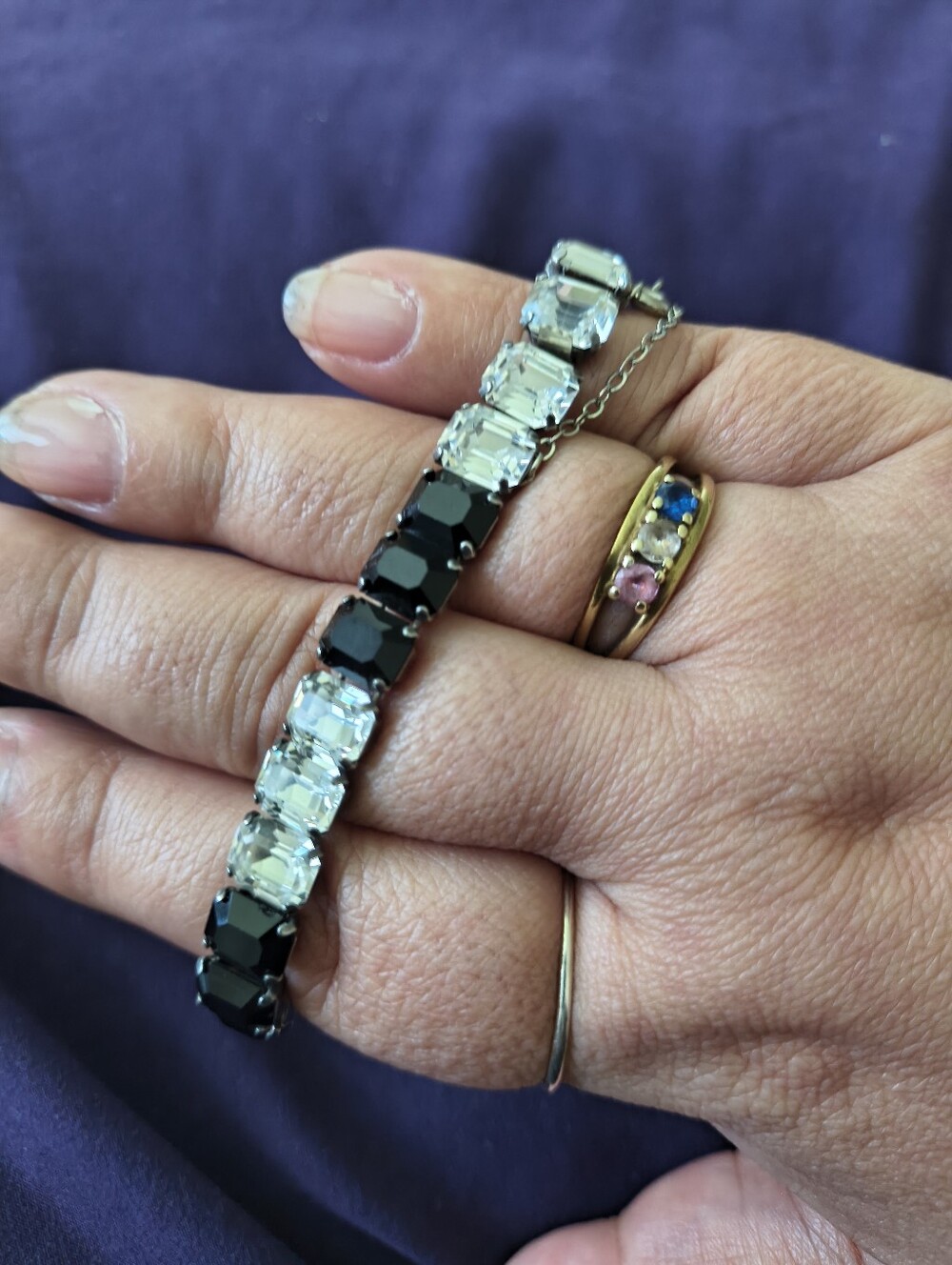 Gorgeous Antique Art Deco 1900s Emerald Cut Black&Clear Glass Sterling Bracelet